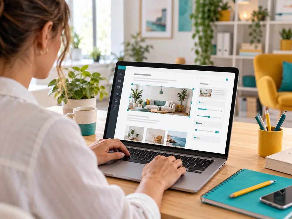 Gestion des contenus après refonte Personne modifiant une photographie dans l’éditeur visuel d’un site sur un ordinateur portable.