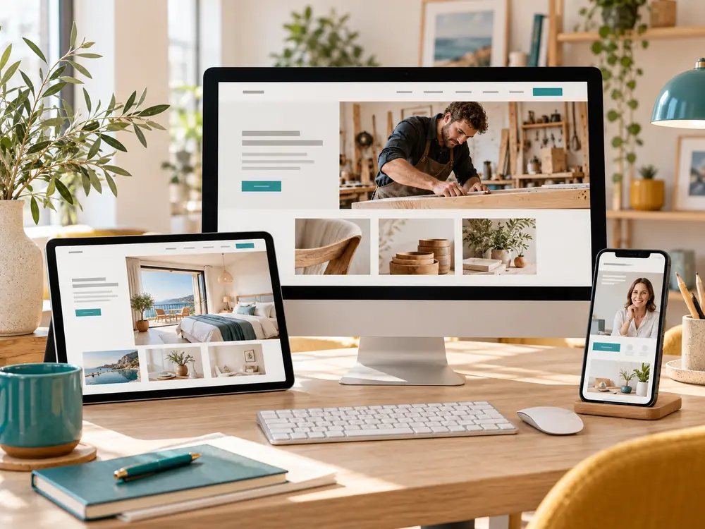 Exemples illustratifs de présentations web Ordinateur, tablette et smartphone présentant des maquettes de sites pour un artisan, un hôtel et une consultante.