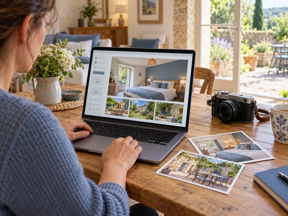 Propriétaire actualisant les photographies de son gîte dans l’éditeur de son site internet.