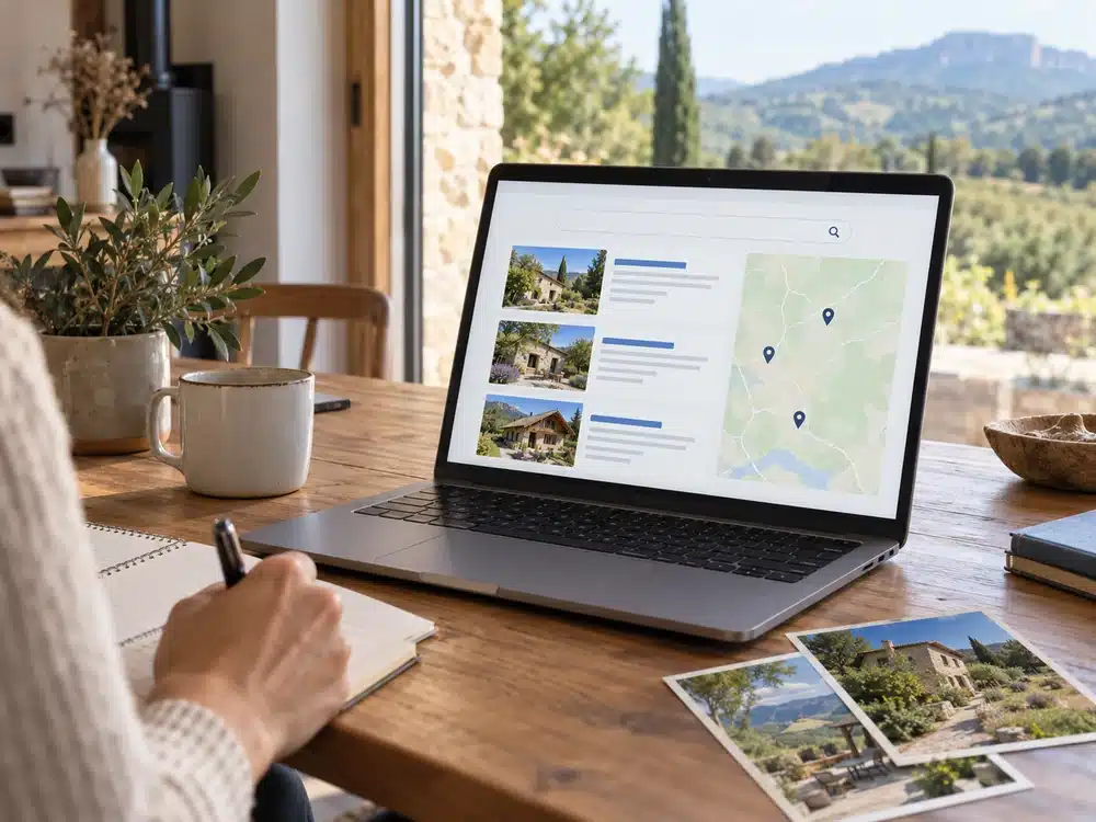 Ordinateur affichant des résultats de recherche de gîtes et une carte de localisation des hébergements.
