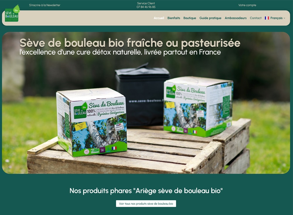 Page d’accueil de la boutique en ligne Ariège Sève de Bouleau Bio à Lasserre